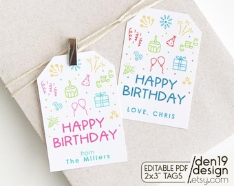 May include: Two white gift tags with colorful birthday illustrations and the text "Happy Birthday". One tag says "from The Millers" and the other says "Love, Chris".
