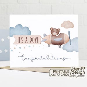 Carte imprimable de félicitations C'est un garçon / Modèle de carte de bébé ours dans l'avion / Téléchargement instantané PDF