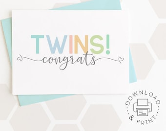 Printable Card: Twins! Congratulations! / Instant Download PDF / Twin Babies Card Template