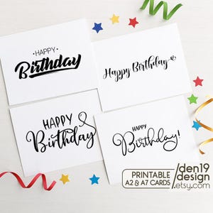 Set van 4 afdrukbare verjaardagskaarten / Minimal Happy Birthday Card / Instant Download / Kaartsjabloon