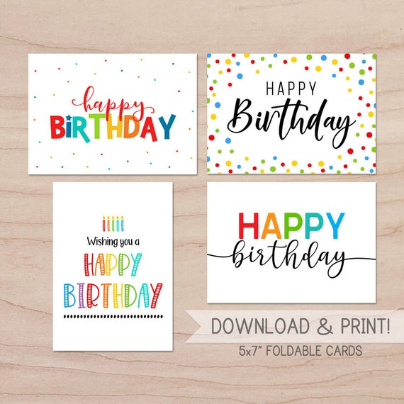 set of 4 printable birthday cards happy birthday card etsy