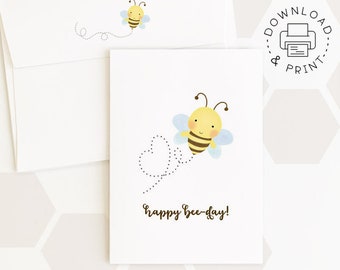 Happy Bee-Day Printable Card And Envelope / Instant Download PDF / Bee Birthday Card Template