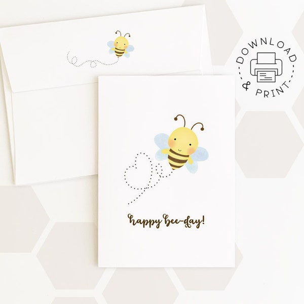 Happy Bee-Day Printable Card And Envelope / Instant Download PDF / Bee Birthday Card Template