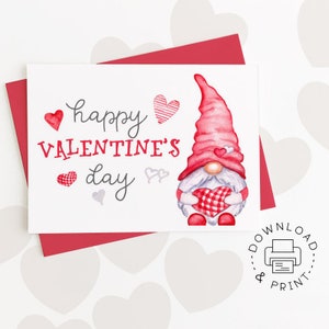 Happy Valentine's Day Printable Card / Instant Download PDF / Gnome Valentine's Day Card Template