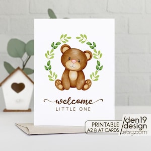 Welcome Little One afdrukbare kaart / Baby Bear Card / Instant download pdf / kaartsjabloon