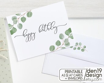 Eucalyptus Happy Birthday Card: Printable A2/A7 Template (PDF)