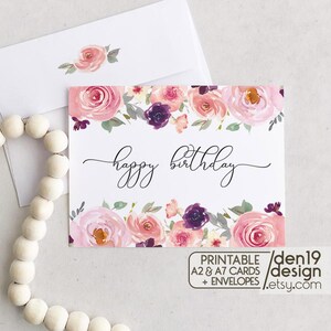 Tarjeta y sobre de feliz cumpleaños para imprimir / Descarga instantánea en PDF / Plantilla de tarjeta y sobre con diseño floral