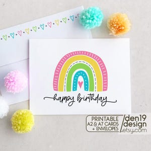 Afdrukbare verjaardagskaart en envelop / Instant download pdf / Rainbow-kaartsjabloon