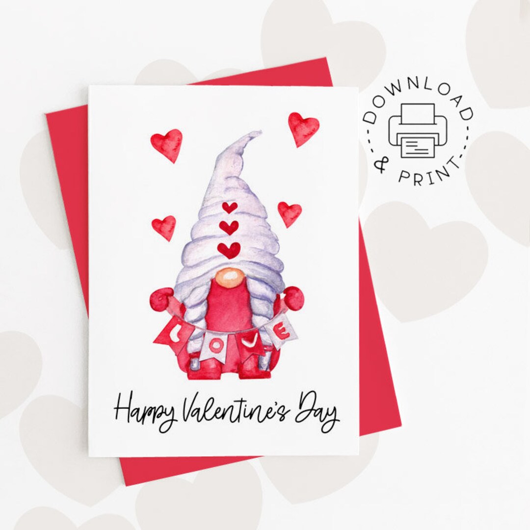 Happy Valentine's Day Printable Card / Instant Download PDF / Gnome ...