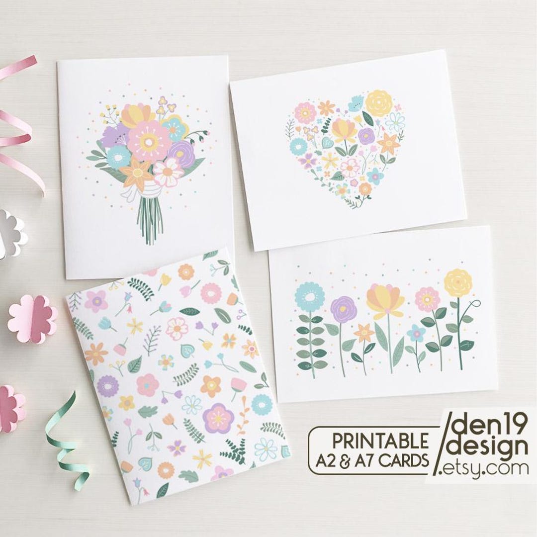 Set of 4 Printable Floral Cards / Blank Notecard Template / Instant ...