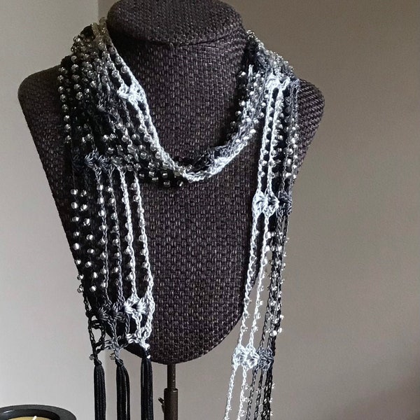 Black & Gray Glass Beaded Scarf Necklace with Fringe