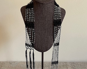 Black & Silver Glass Beaded Scarf Necklace with Fringe