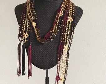 Handmade Glass Beaded Scarf Necklace with Fringe in Fall Colors