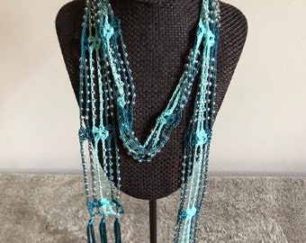 Teal Crochet Scarf Necklace, Glass Beaded with Fringe