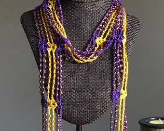 Purple & Gold Glass Beaded Infinity Scarf Necklace
