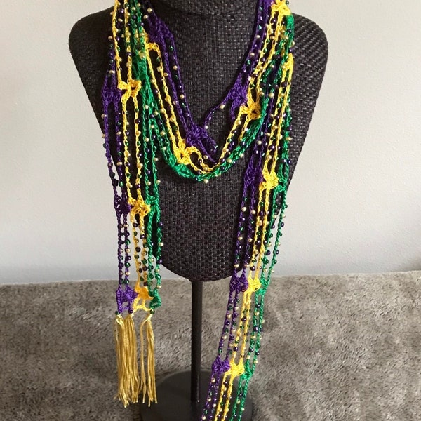 Glass Beaded Mardi Gras Scarf Necklace with Fringe