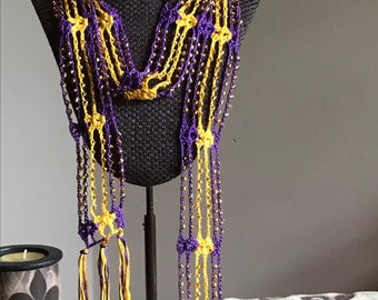 Purple & Gold Glass Beaded Scarf Necklace with Fringe