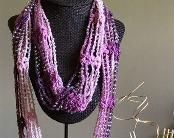 Gradient Pink Wool Glass Beaded Infinity Scarf Necklace