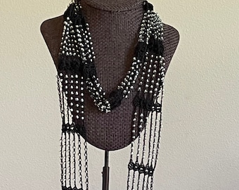 Black & Silver Infinity Scarf Necklace, Crochet with Glass Beads