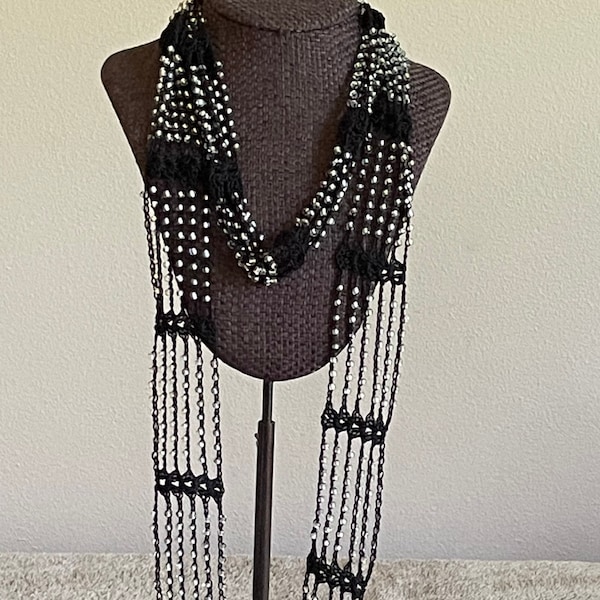 Black & Silver Infinity Scarf Necklace, Crochet with Glass Beads