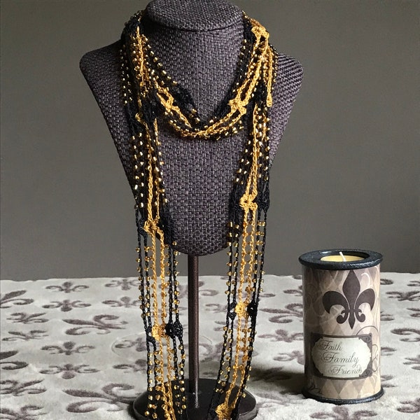 Black & Antique Gold Glass Beaded Scarf Necklace with Fringe