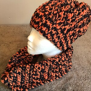 Black & Orange Textured Winter Cowl and/or Hat, Team Spirit Game Day Attire