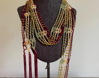 Fall Colored Glass Beaded Scarf Necklace with Fringe