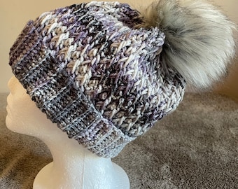 Crochet Winter Pompom Hat, Medium Weight Purple & Gray