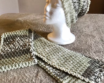 Crochet Winter Scarf and Ponytail Hat Set, Olive Green and White