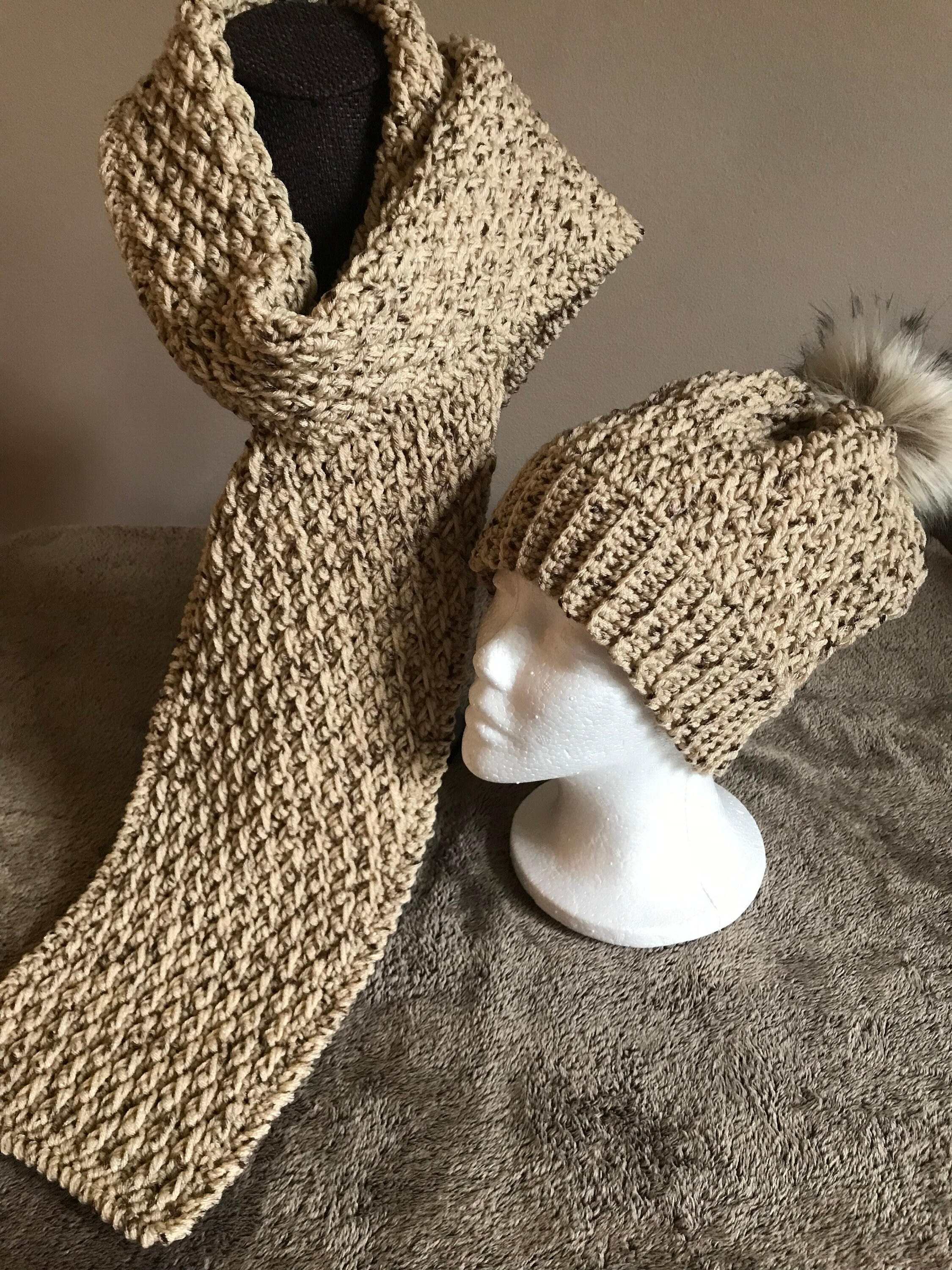 Hand crochet cream color Pom Pom  hat & scarf set Handmade Winter Scarf and Pom Pom Hat Set - Etsy main image 3