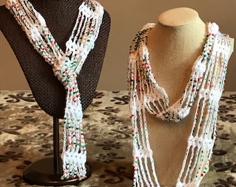 White Infinity Scarf Necklace with Christmas Glass Beads