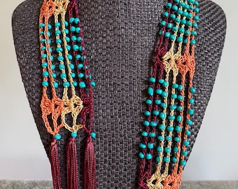 Southwest Colored Glass Beaded Scarf Necklace with Fringe (SW07)