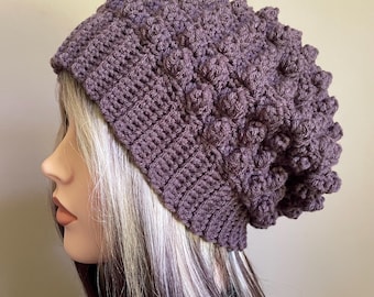 French Lilac or Country Blue Crochet Slouchy Hat, Thick Textured Winter Hat