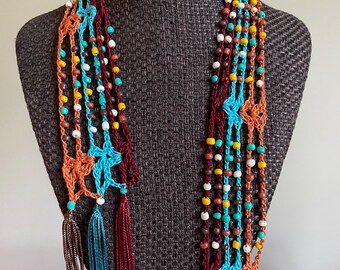 Southwest Colored Glass Beaded Scarf Necklace with Fringe (SW07)