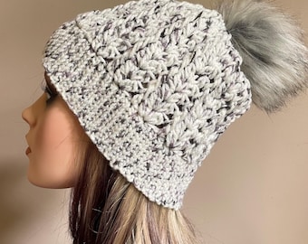 White & Black Textured Winter Pompom Hat