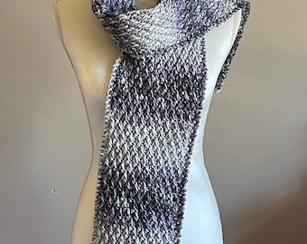 Long Crochet Textured Winter Scarf, Purple & Gray Medium Weight