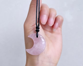 Pink Rose Quartz moon Pendant- Rose Quartz Pentagram Crystal Necklace-Quartz Necklace - Pink Crystal Necklace - Gift For Her - Healing Stone