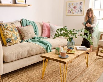 Table basse en bois de récupération avec pieds en épingle à cheveux