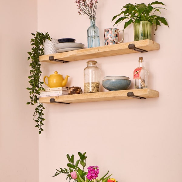 Slim Rustic Wooden Handmade Shelf Reclaimed Recycled With or Without Metal Brackets | 15cm Depth x 3.8cm Thickness