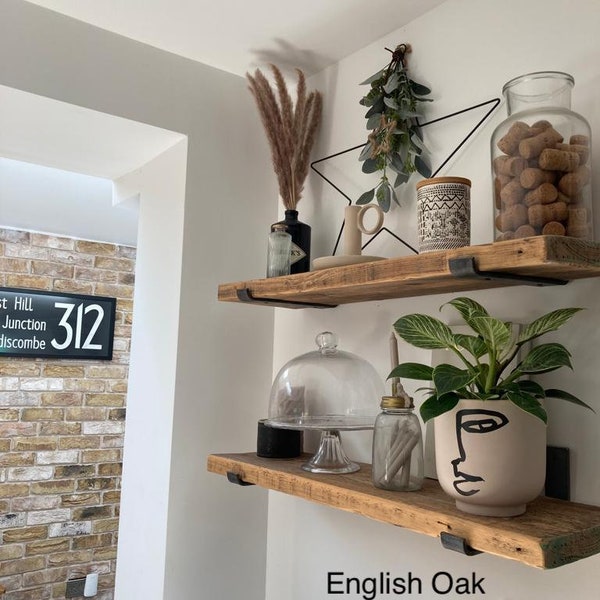 Rustic Wooden Handmade Shelf Shelves Reclaimed Recycled With or Without Metal Brackets | 22cm Depth x 3.8cm Thickness