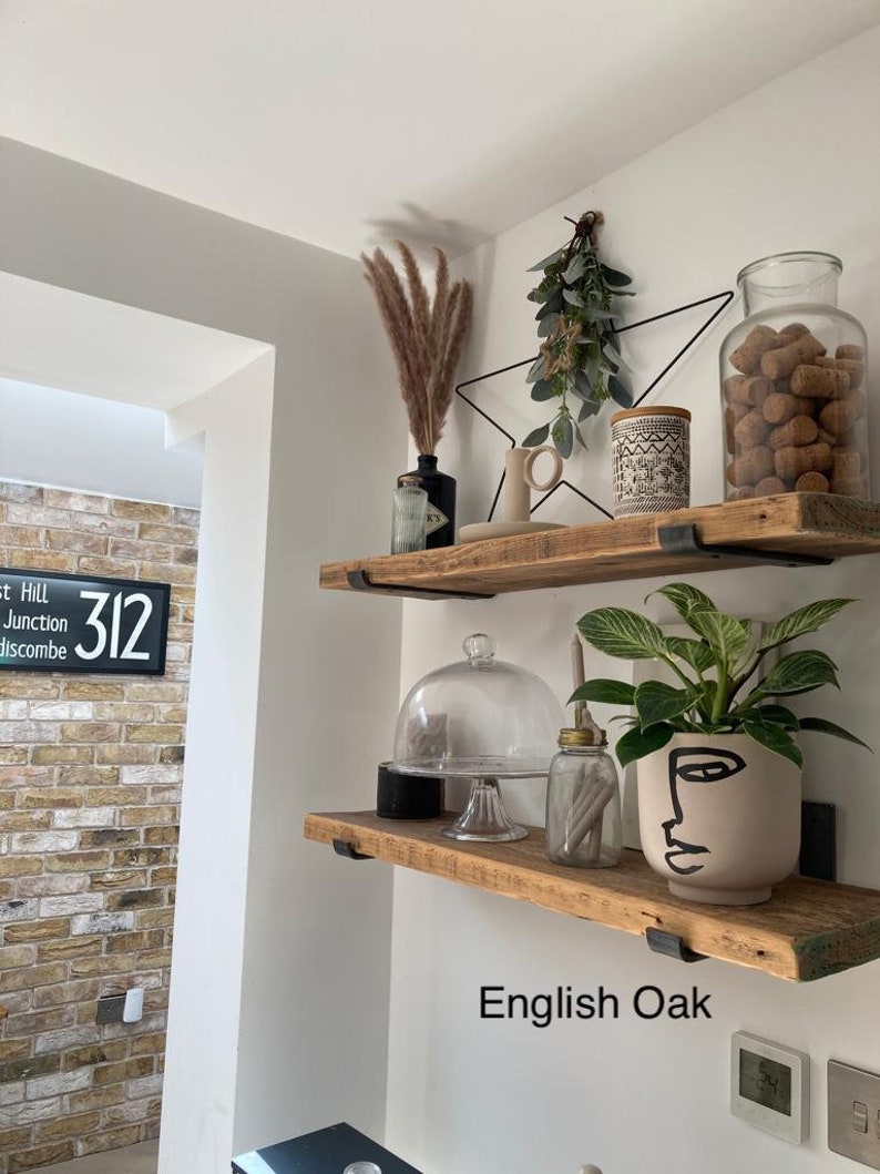 Rustic Wooden Handmade Shelf Shelves Reclaimed Recycled With or Without Metal Brackets 22cm Depth x 3.8cm Thickness image 1
