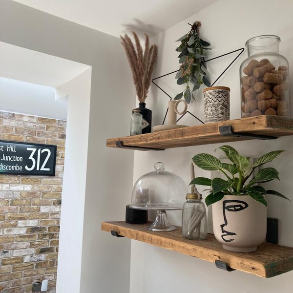 Rustic Wooden Handmade Shelf Shelves Reclaimed Recycled With or Without Metal Brackets | 22cm Depth x 3.8cm Thickness