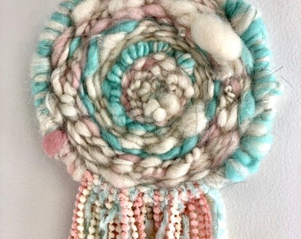 Marshmallow // circle weaving // white, pink & blue // wall hanging // fiber art // boho // wall decor