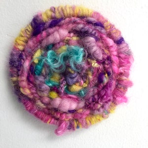 Lolly // circle weaving // pink, blue & yellow // wall hanging // fiber art // boho // wall decor