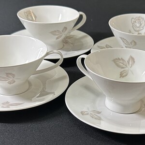 Vintage Beautiful Footed Cup & Saucer Classic Rose (White Rose, Brown Leaves) by Rosenthal Continental/ A set of Four