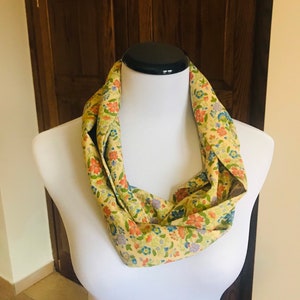 Beige Japanese silk flower Kimono scarf, infinity scarf with orange, blue, yellow flowers. Upcycled Kimono.