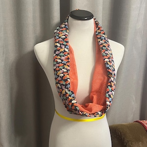 Vintage Handmade Silk Double Infinity Scarf - Japanese Fan Pattern - Red and White Dots Reverse - Upcycled from Antique Kimono