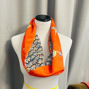 Double Infinity Scarf - Japanese Cranes & Temari Balls on Orange - Multi-Colored Fans Reverse - Handmade from Vintage Kimono