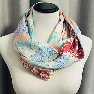 Double Infinity Scarf - Vibrant Red Cherry Blossom Pattern - Handmade from Vintage Japanese Kimono Fabric