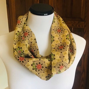 Vibrant Japanese Geometric Flower Kimono Scarf - Infinity Scarf with Red and Green Flowers - Handmade from Upcycled Kimono Fabric